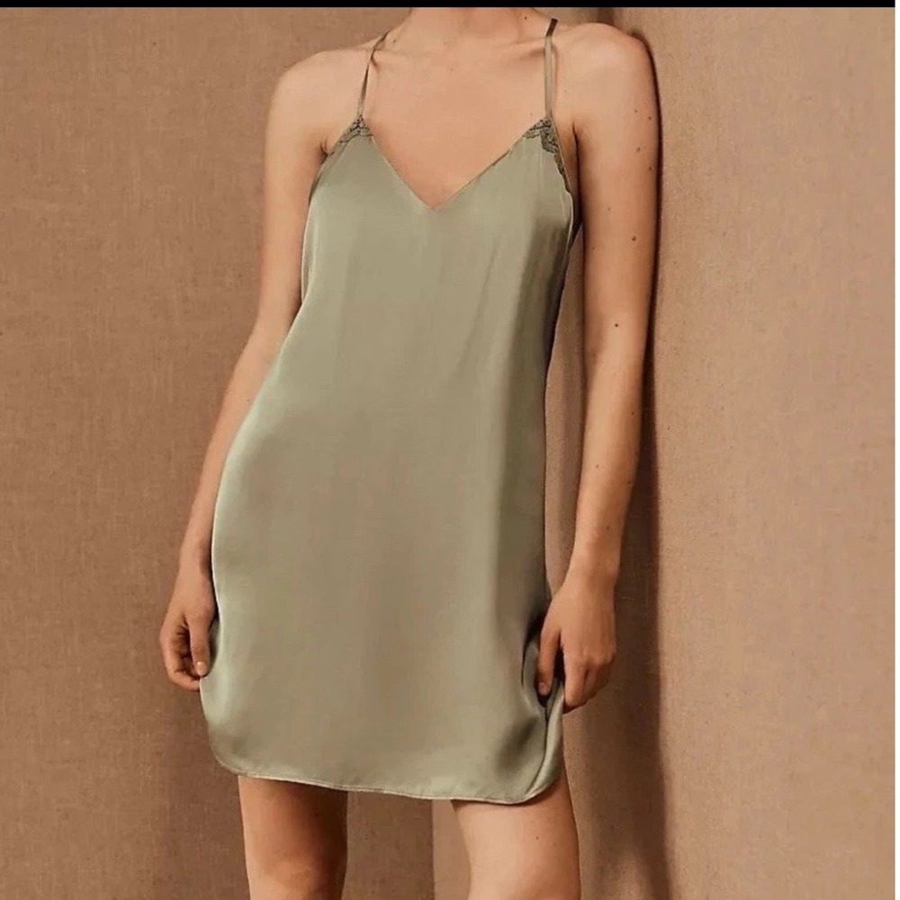 BHLDN Anthropologie Annet Chemise Slip Sage‎ Green Satin With Lace Back S